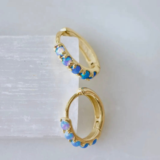 Blue Opal Huggie Earrings