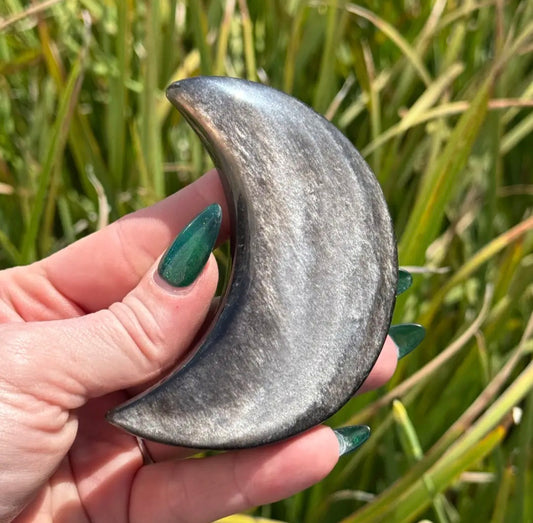 Silver Sheen Obsidian Moon Carving