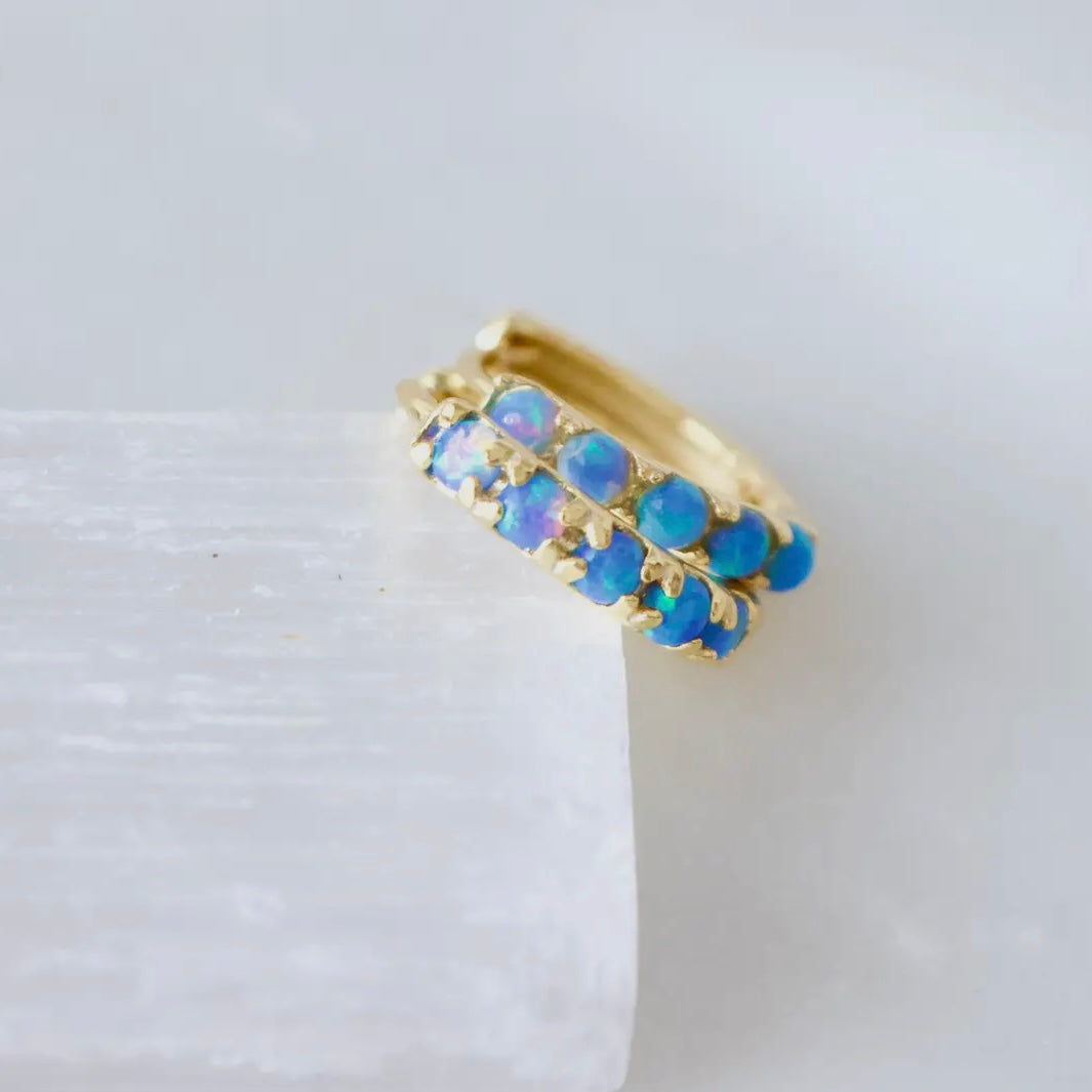 Blue Opal Huggie Earrings