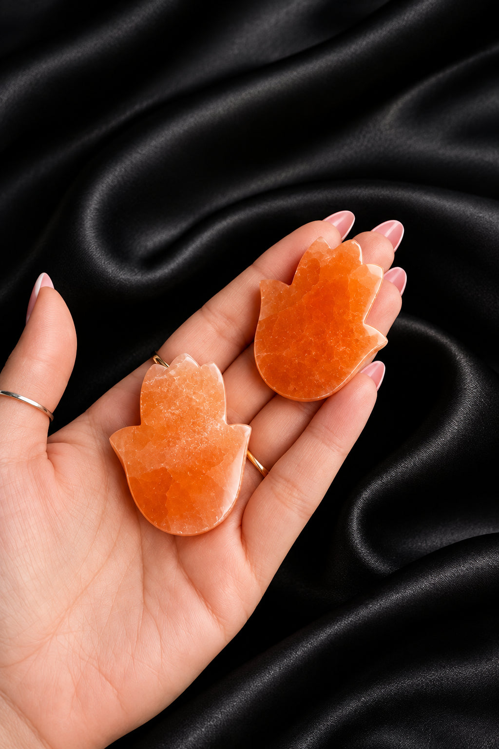 Peach Selenite Hamsa Carving