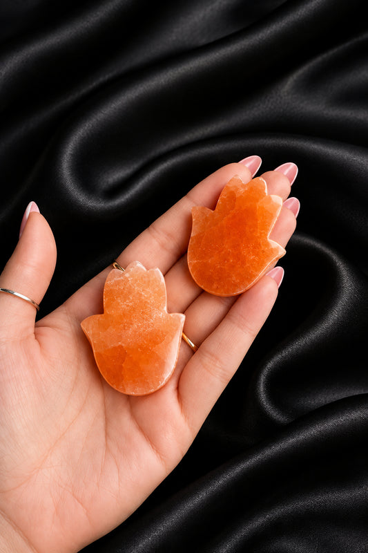 Peach Selenite Hamsa Carving
