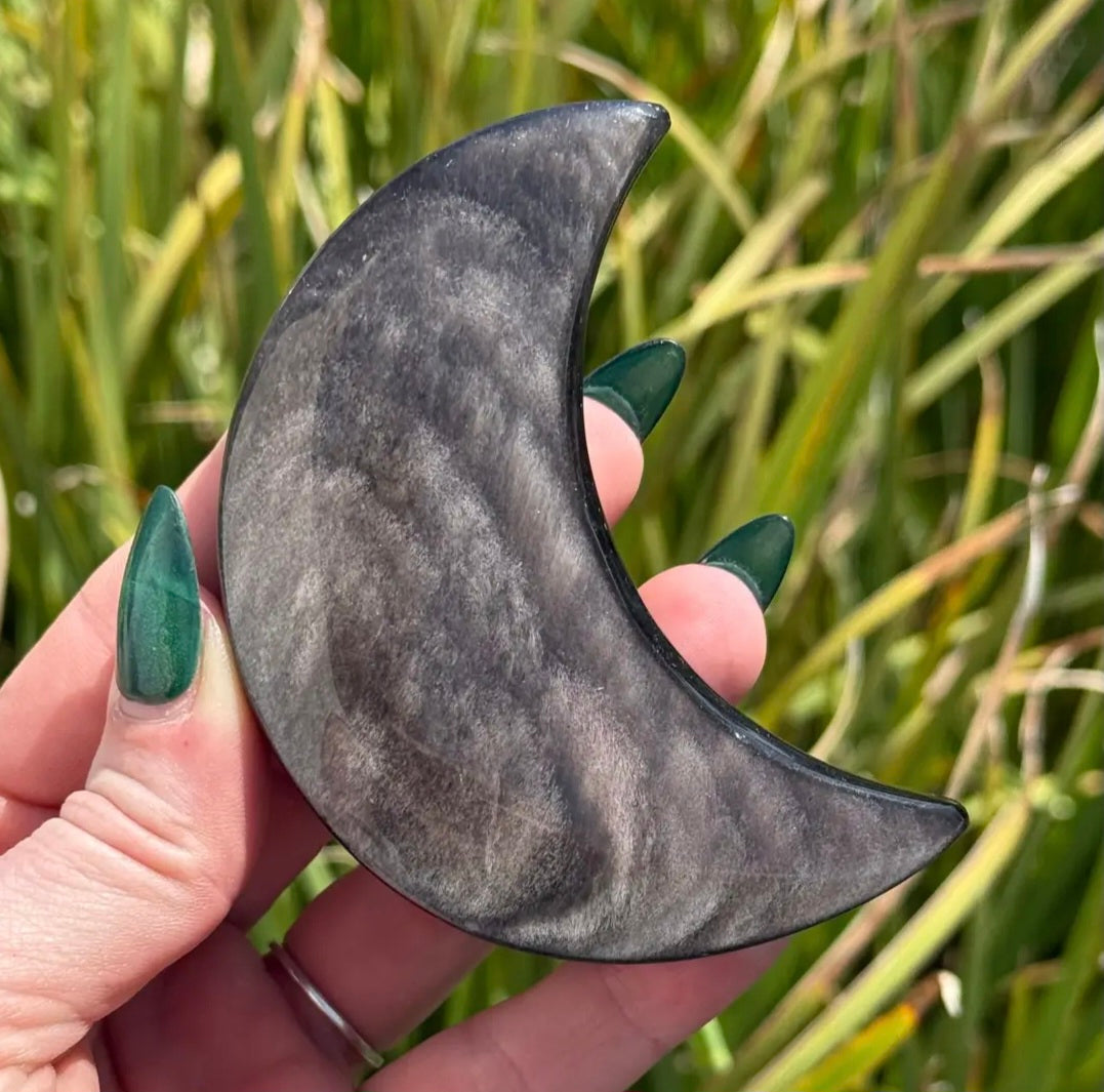 Silver Sheen Obsidian Moon Carving