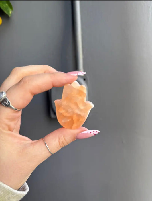 Peach Selenite Hamsa Carving