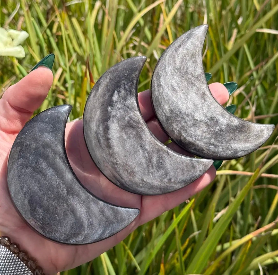 Silver Sheen Obsidian Moon Carving