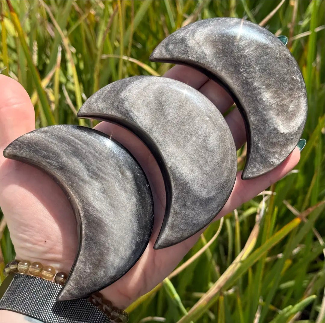 Silver Sheen Obsidian Moon Carving